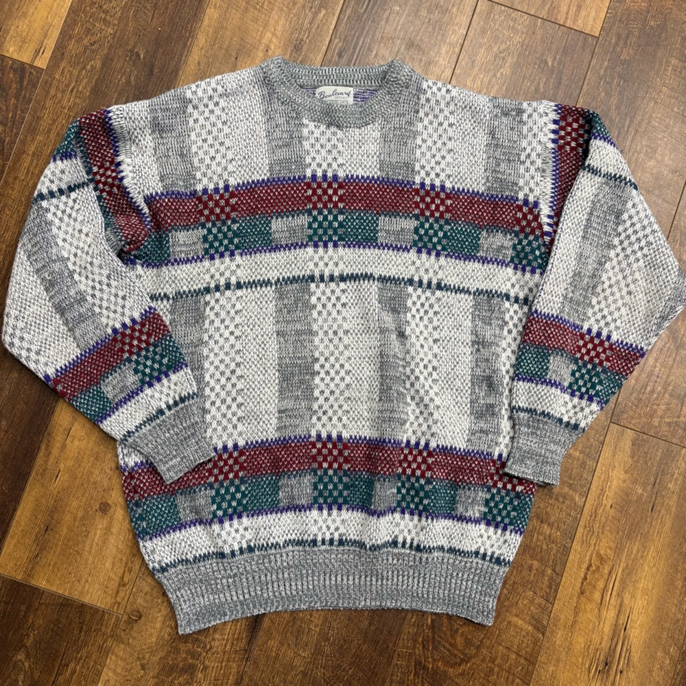 Boulevard Sport For Big Men Red/Green/Grey Knit Plain Vintage 1990’s Sweater